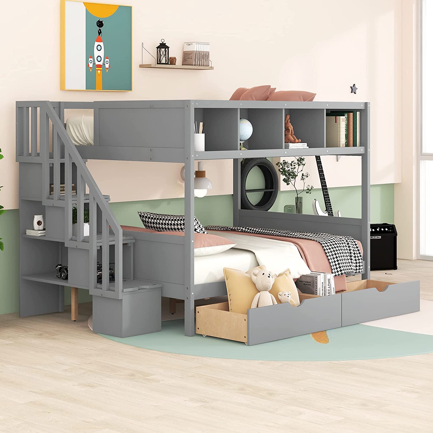 Twin Over Full Bunk Bed with 12 Storage Shelves Wooden Bunk Bed Frame