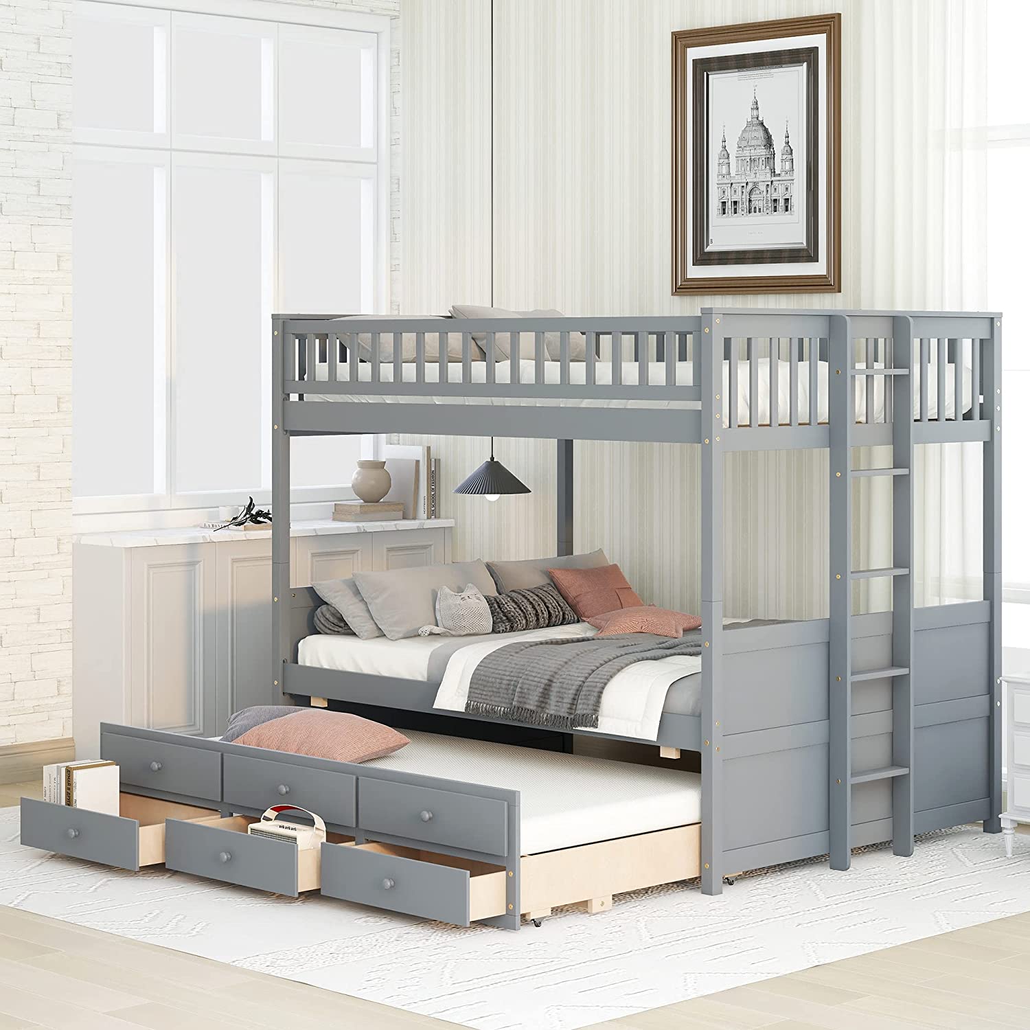 Twin Over Full Bunk Bed with 12 Storage Shelves Wooden Bunk Bed Frame