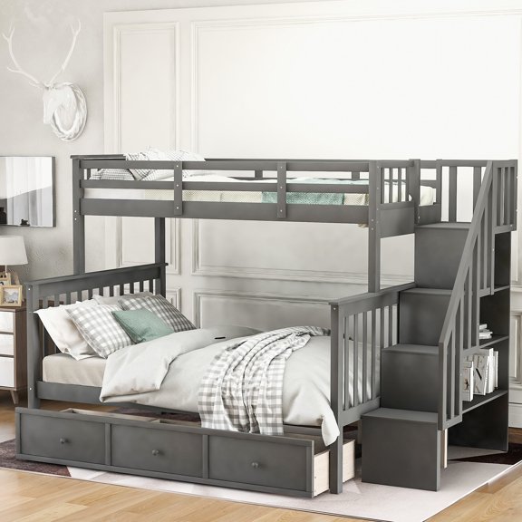Twin-Over-Full Bunk Bed - Ample Shelf Storage - Bedroom Organization - Secure with Guardrail and Headboard