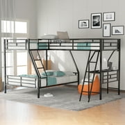 Twin Over Full Bunk Bed Attached Twin Loft Bed with Desk, Metal Triple Bunk Beds, L-Shape Triple Beds Frame with Ladders and Guardrails, Safe Design