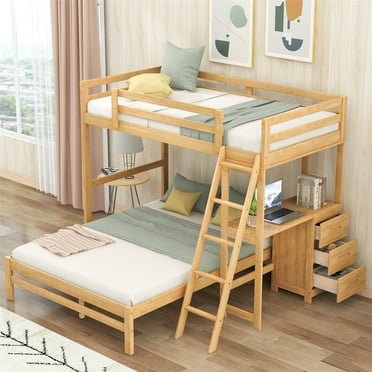 Twin Over Full Bunk Bed with Built-in Desk and 3 Drawers, L-Shaped Convertible Wood Loft Bed Frame with Full Length Guardrail and Ladder for Kids Teens Adults, No Box Spring Needed, Natural
