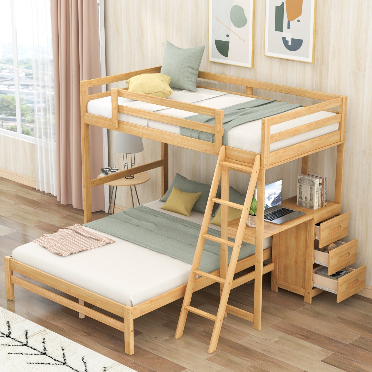 Twin Over Full Bunk Bed with Built-in Desk and Three Drawers ...