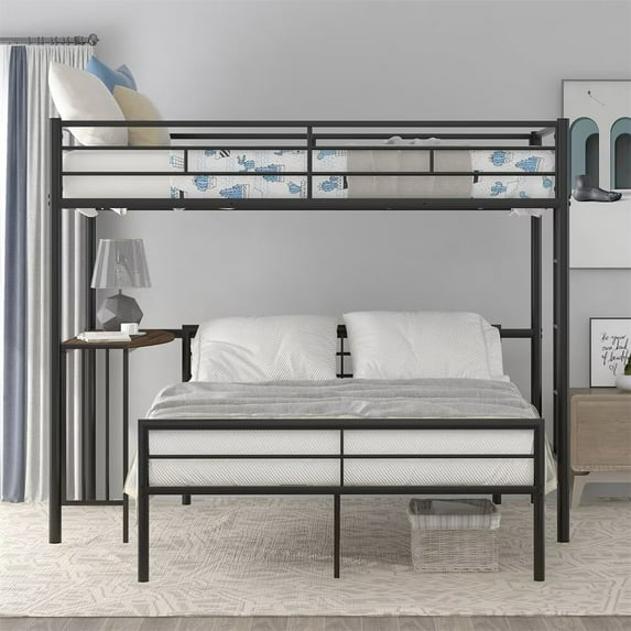 Twin Over Full Bunk Bed with Desk, Metal Loft Platform Beds Frame with Ladder, Space Saving Convertible Into Twin Loft Bed and Full Platform Bed, Metallic Black