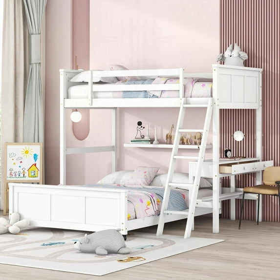 White Twin Over Full Bunk Bed with Desk - Solid Pine Construction for Safety