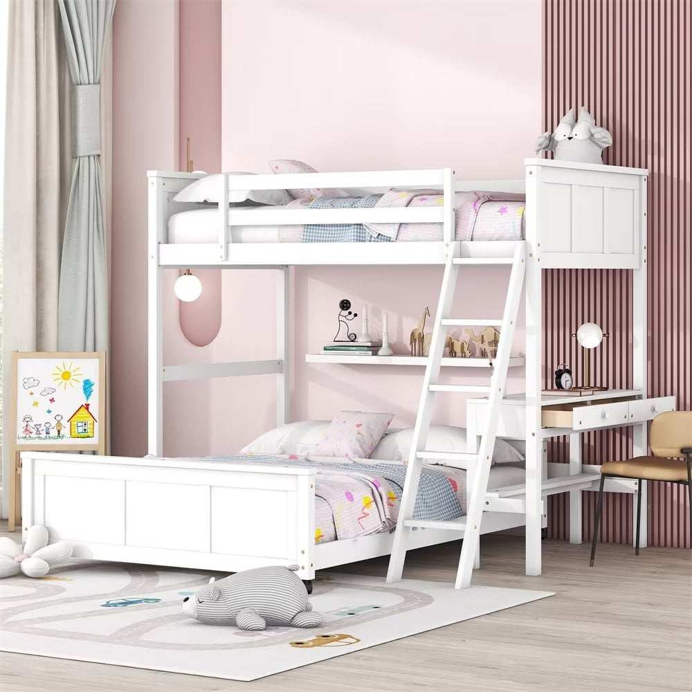 Twin Over Full Bunk Bed with Desk, Solid Wood LShaped Bunk Bed Frame