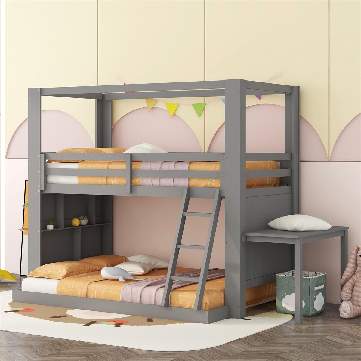 Twin Over Full Bunk Bed with Desk and Storage Shelves, Reinforced