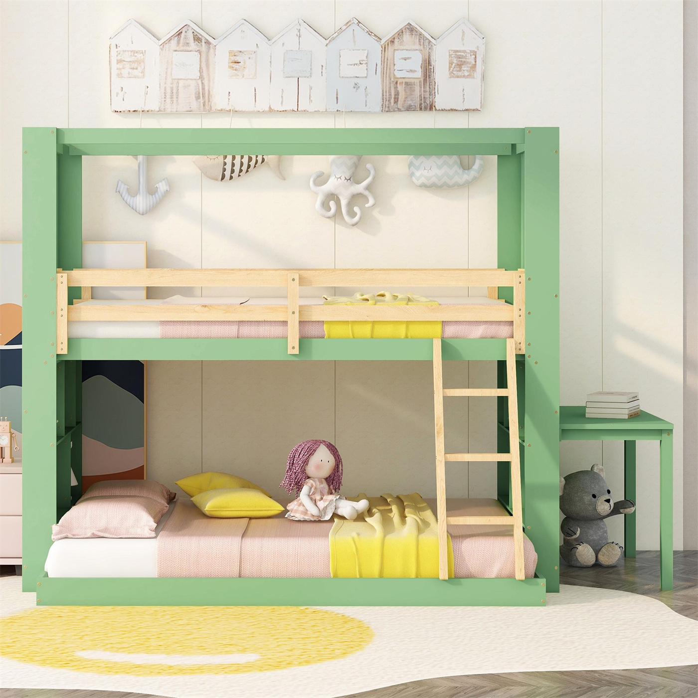 Twin Over Full Bunk Bed with Desk Storage Shelves, Reinforced Structure