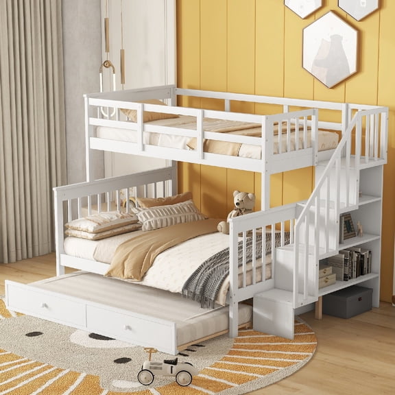 Twin-Over-Full Bunk Bed Frame with Twin size Trundle, Wood Bunk Bed with Storage staircase and Guard Rail for Bedroom, Apartment, Dorm, Guest Room, Easy Assembly, Mattress Not Included, White