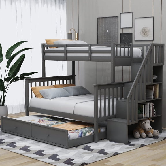 Twin-Over-Full Bunk Bed Frame with Twin size Trundle, Wood Bunk Bed with Storage staircase and Guard Rail for Bedroom, Apartment, Dorm, Guest Room, Easy Assembly, Mattress Not Included, Gray