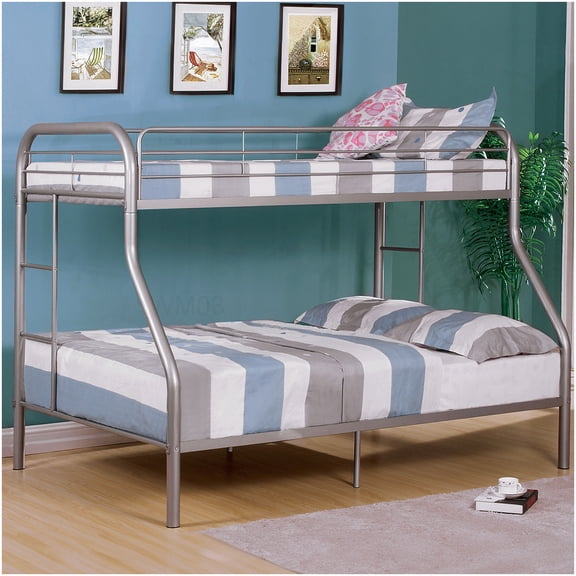 Twin Over Full Bunk Bed Frame in Silver, Metal Structure with Fixed Ladder for Space Saving