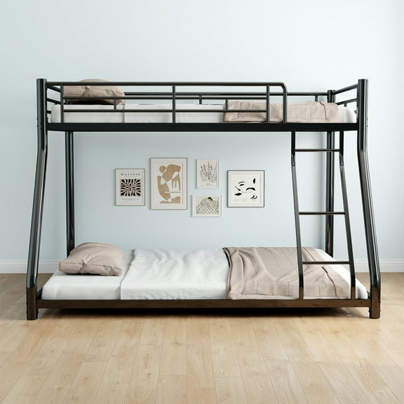 Twin Over Full Bunk Bed,Heavy Duty Metal Bunk Bed with Ladder & Full-Length Guardrail for Teens Adults,Noise Free,Black