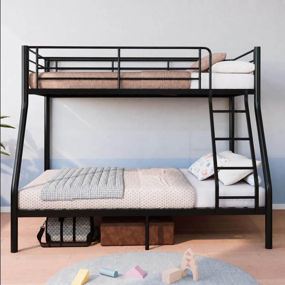Twin Over Full Bunk Bed, Heavy-Duty Metal Frame with 990 lbs Bottom Capacity, High Guardrails, Quiet Slats, 3-Step Ladder, No Box Spring, Black