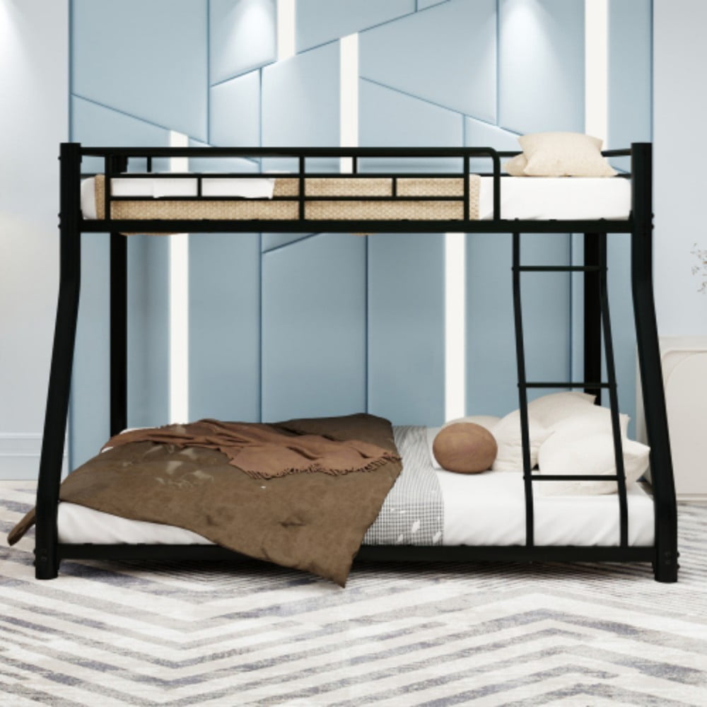 Twin Over Full Bunk Bed, Heavy-Duty Metal Frame with Ladder & Full-Length Guardrail, LED Light & USB Port, Noise-Free Design, 400 lbs Capacity, Black