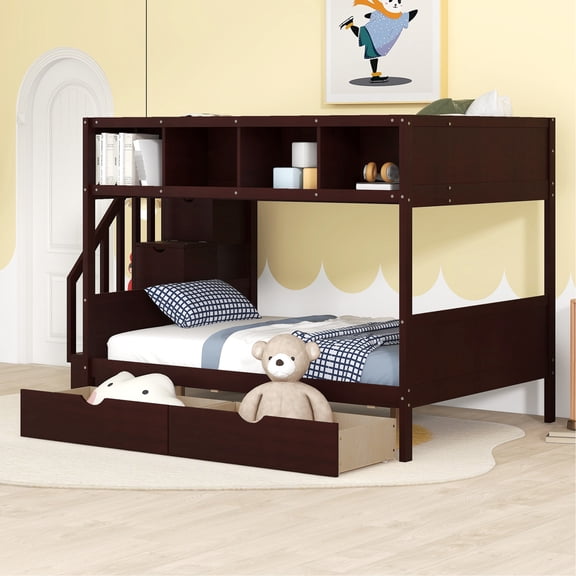 Twin Over Full Bunk Bed In , With Shelves, Storage Staircase And 2 Drawers - Practical 's Bedroom Option Shelf, Stair & Enhance Your 's Decor