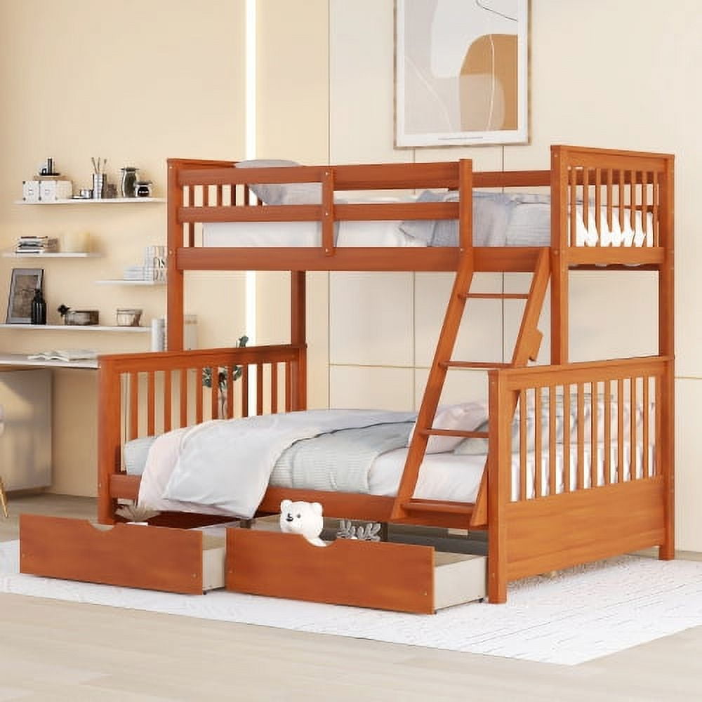 Twin Over Full Bunk Bed with Ladders, Wood Bunk Bed Frame with Storage