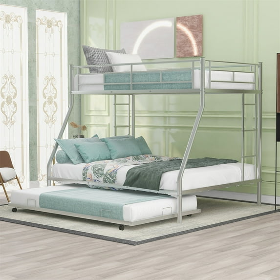 Twin Over Full Bunk Bed, Low Bunk Bed with Twin Size Trundle and Two-Side Ladders for Kids Teens Adults, Metal Bed Frame with Sturdy Steel Frame and Saftey Guardrails, No Box Spring Needed, Silver