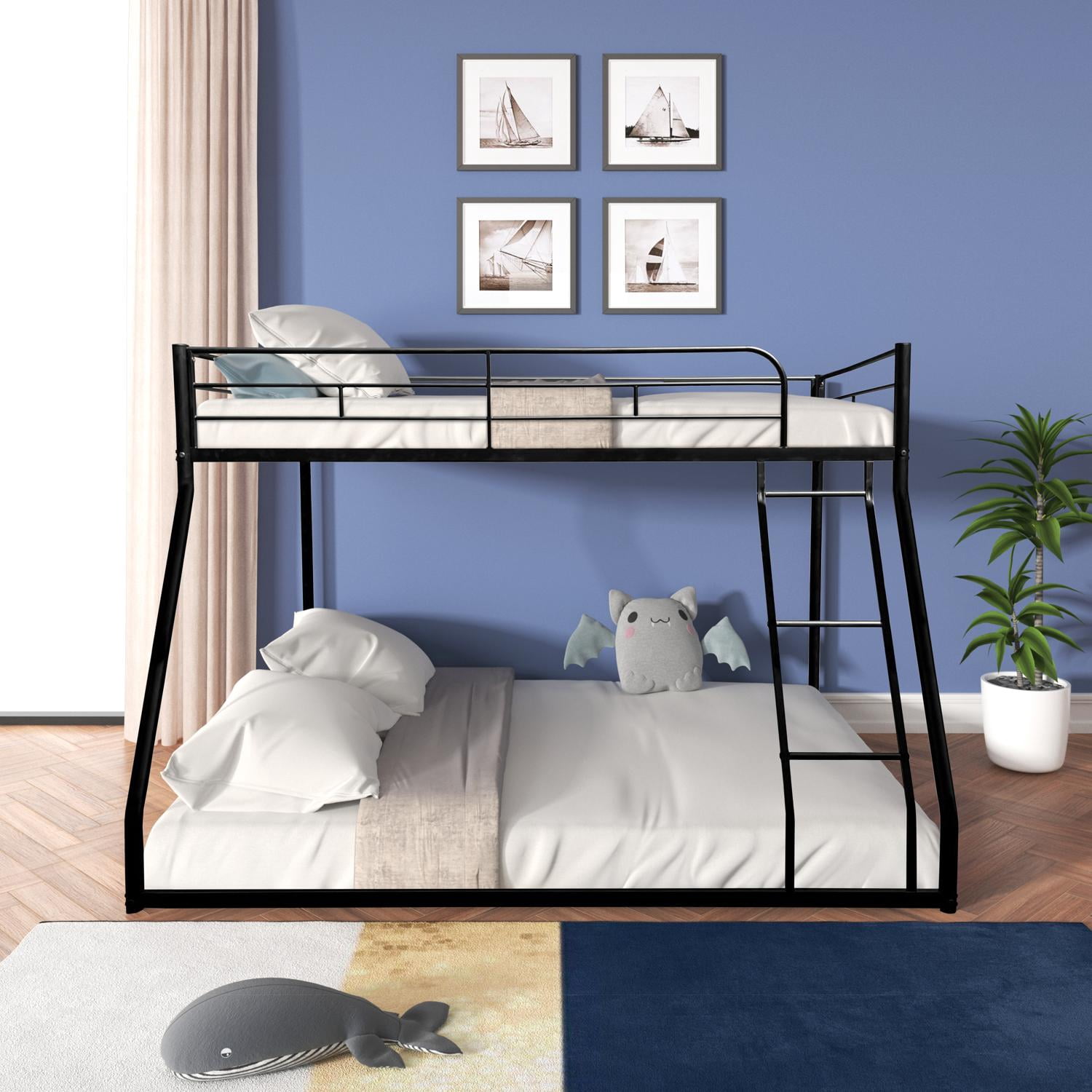 Twin Over Full Bunk Bed, Metal Bunk Beds with Full Length Guardrail, Low Profile Bunk Bed Frame for Bedroom, No Box Spring Needed, Black