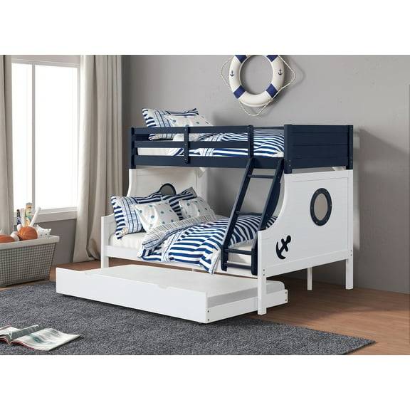 Twin Over Full Bunk Bed Modern Novelty Style Attached Ladder Upper Bed Rails And Lock Joint Structure For Safety Slat Kit Blue / White Finish