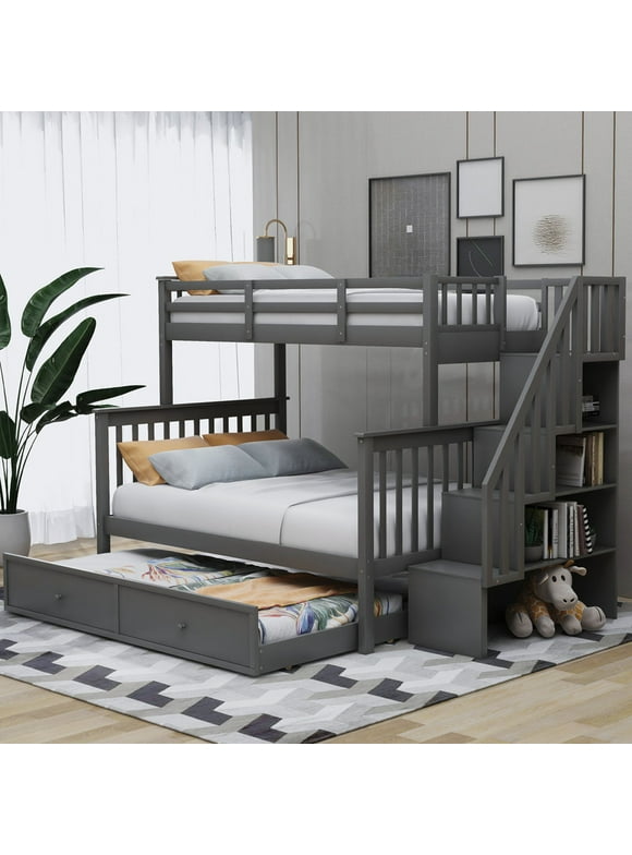 Twin Over Full Bunk Bed with Twin Size Trundle, Solid Wooden Bunk Bed Frame with 4 Storage Stairs and Full-length Guardrail for Children, Teens, Adults, Gray