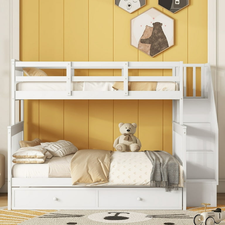 Twin Over Full Bunk Bed with Twin Size Trundle Solid Wooden Bunk Bed Frame with 4 Storage Stairs and Full length Guardrail for Kids Teens Adults