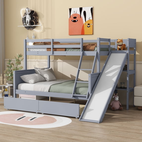 Twin Over Full Bunk Bed with Slide, Wood Storage Bunk Bed with Drawers ...