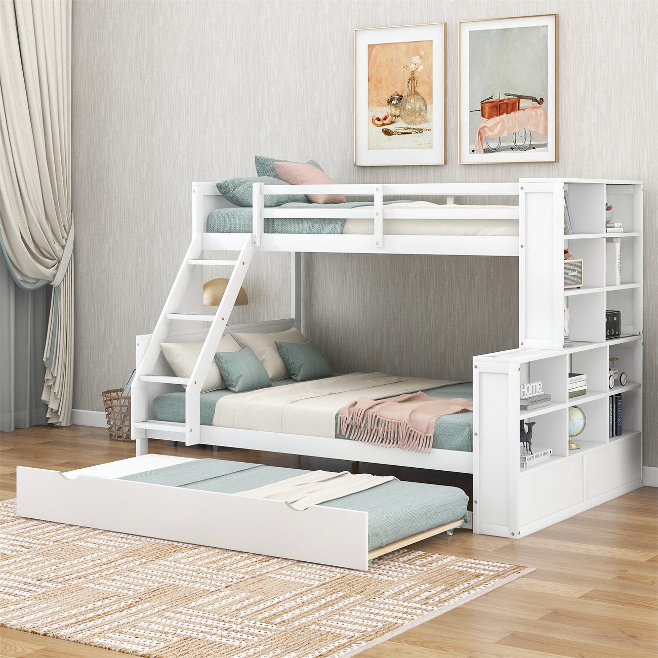 Twin Over Full Bunk Bed, Solid Wood Bed Frame with Trundle and Storage