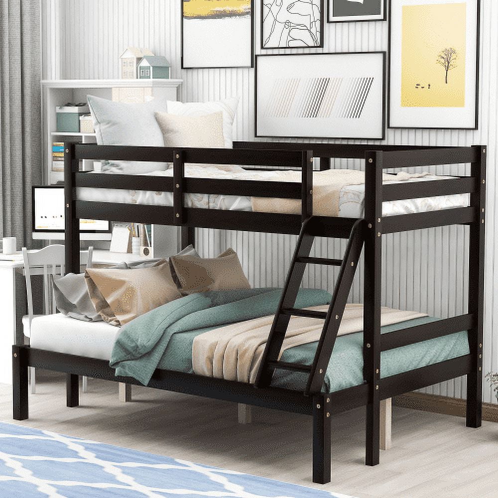 Twin Over Full Bunk Bed, Solid Wood Bunk Loft Bed Frame with Guardrail