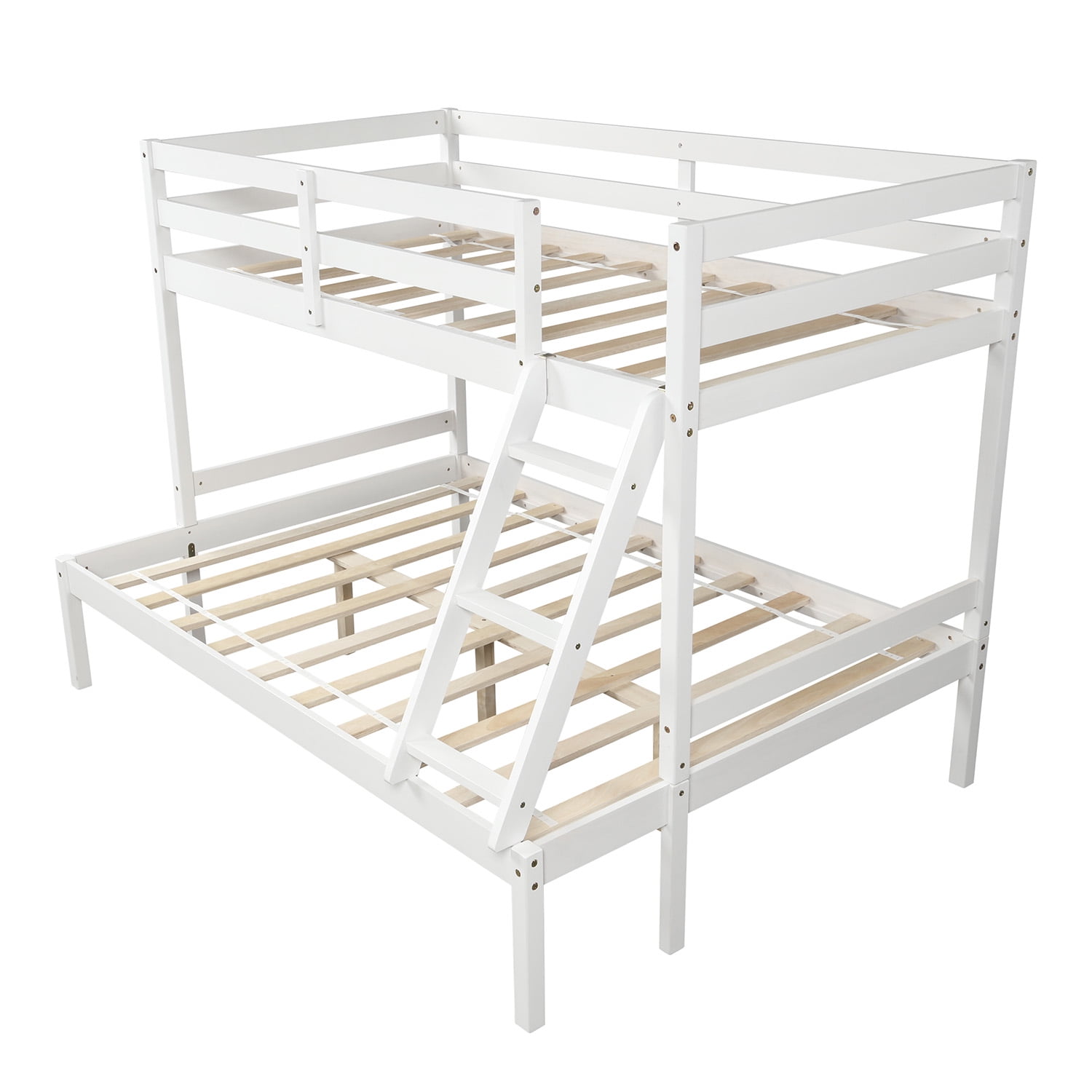 Twin Over Full Bunk Bed, Solid Wood Bunk Loft Bed Frame with Guardrail