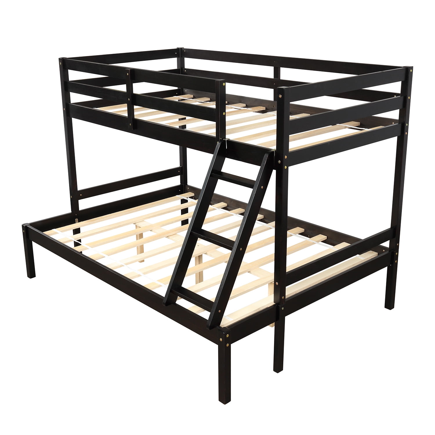 Twin Over Full Bunk Bed, Solid Wood Bunk Loft Bed Frame with Guardrail
