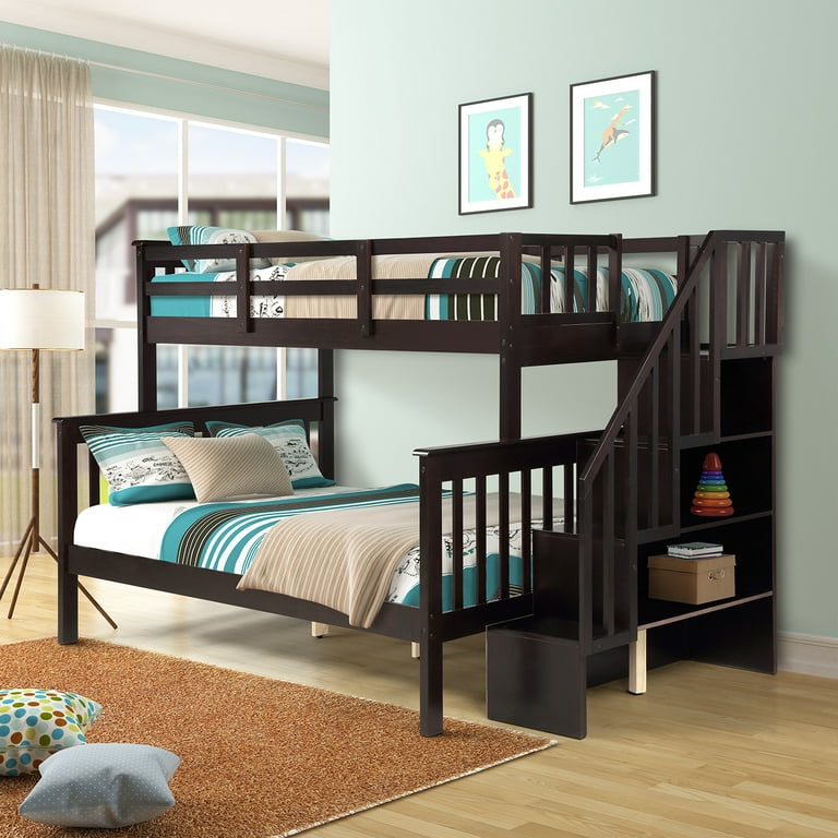 Twin Over Full Bunk Bed with Stairs Pine Wood Bunk Bed Frame Convertible to Twin Full Size Bed with Side Storage Shelves for Bedroom Dorm for Kids Adults Walmart