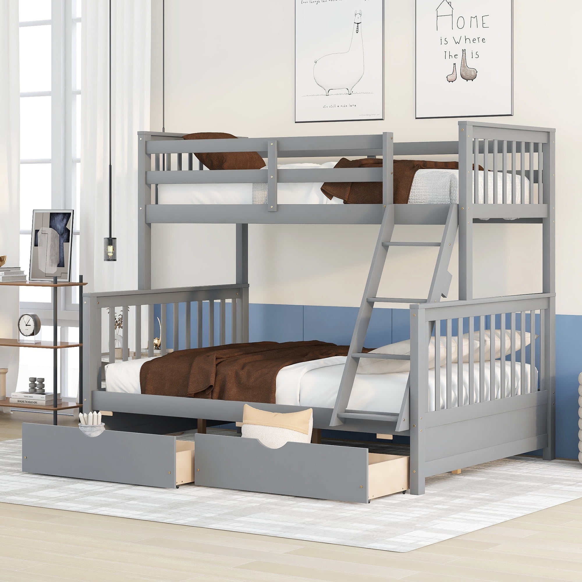 Twin Over Full Bunk Bed with Storage Drawers, Solid Wood Bunk Bed Frame