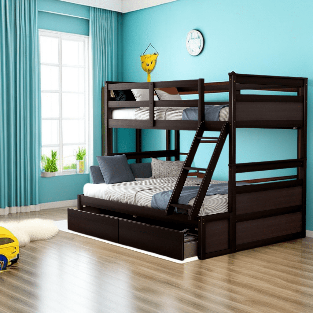 Twin Over Full Bunk Bed with Storage, Wood Bunk Bed Frame with Two ...