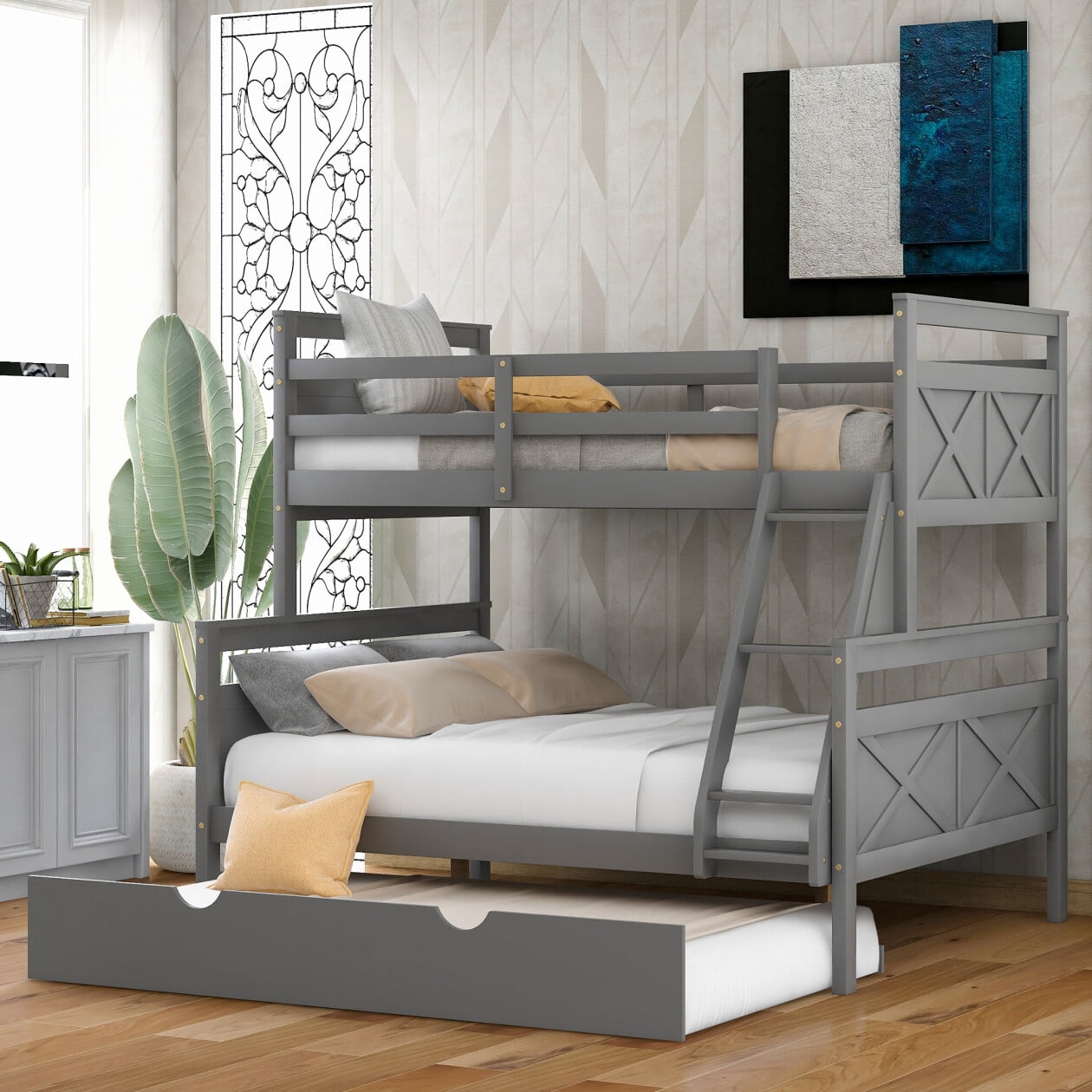 Twin Over Full Bunk Bed with Trundle Bed, Wood Bunk Bed with Safety