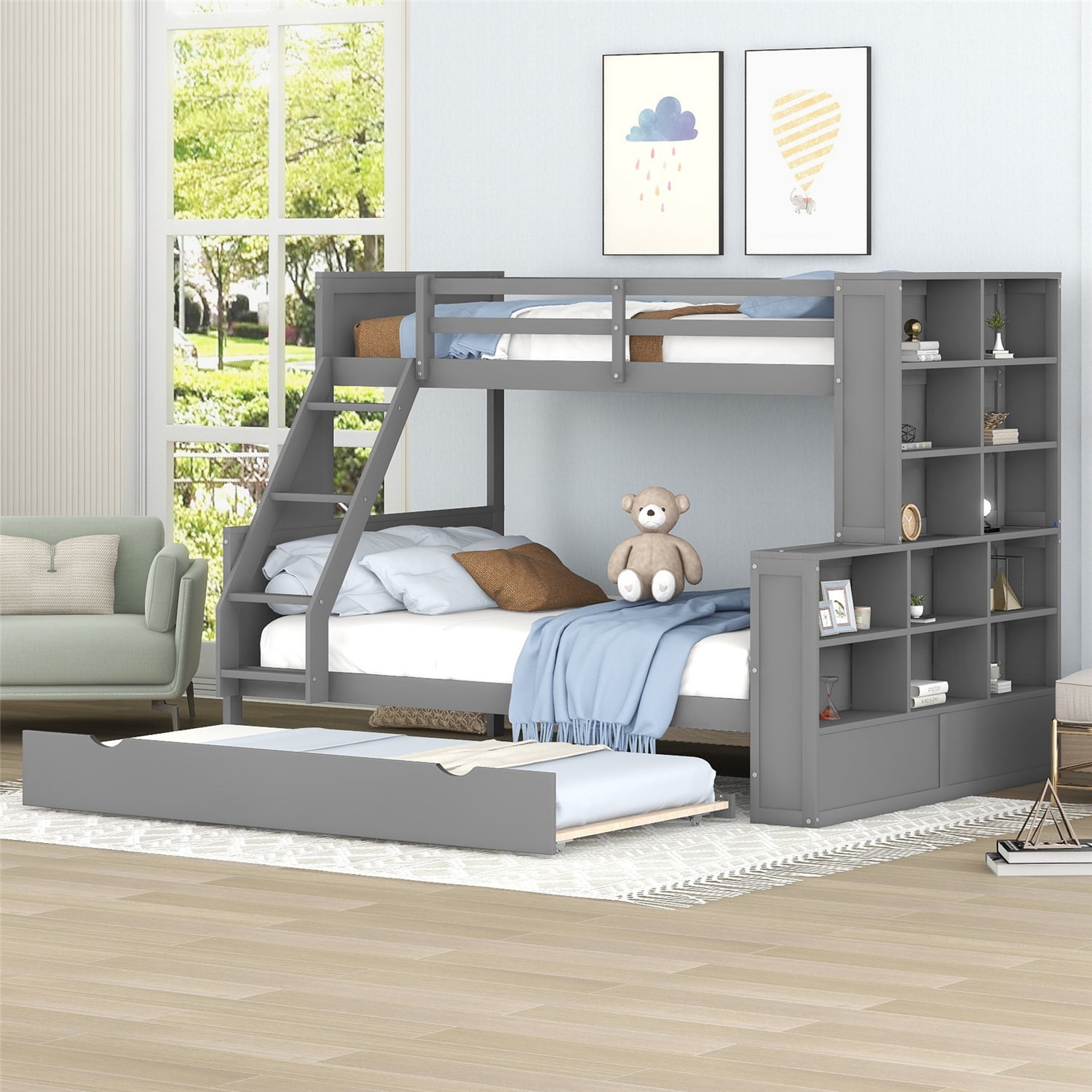 Twin Over Full Bunk Bed with Trundle and Shelves, Solid Wood Bunk