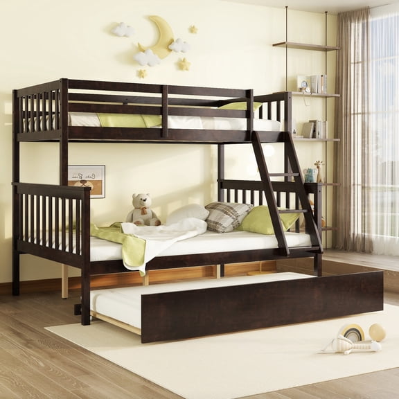 Twin Over Full Bunk Bed with Trundle, Wood Bunk Bed with Pull-Out Twin Size Trundle, Ladder & Safety Guardrails, Convertible to 2 Separated Beds, No Box Spring Needed (Espresso)