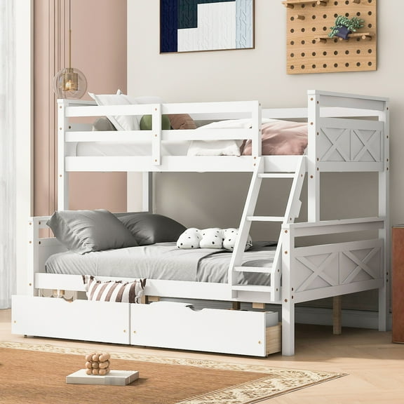 Twin Over Full Bunk Bed With Assurance, & 2 Storage - White Bed, Stable Long-lasting Sleep