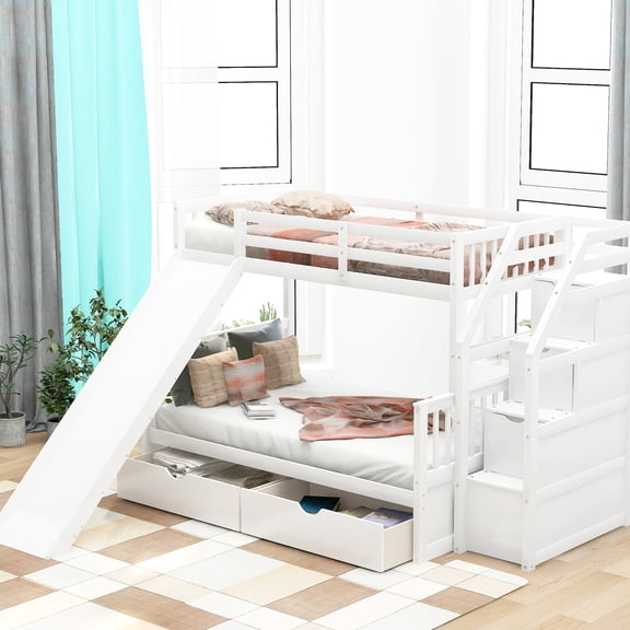 Twin Over Full Bunk Bed With Stable Construction And - Reliable Sleeping Option Space Saving Bed, White Drawers, Storage Fun Slide