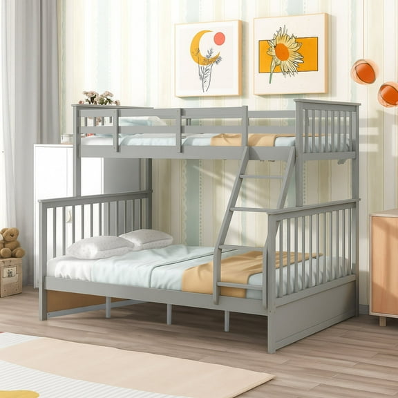 Luckynote Twin Over Full Bunk Bed, Solid Wood Frame, with Ladder and Guard Rail, Gray