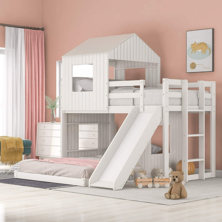 Twin Over Full Bunk Bed Wooden Loft Bed with Playhouse Farmhouse Ladder Slide and Guardrails for Kids Toddlers Boys Girls No Spring Box