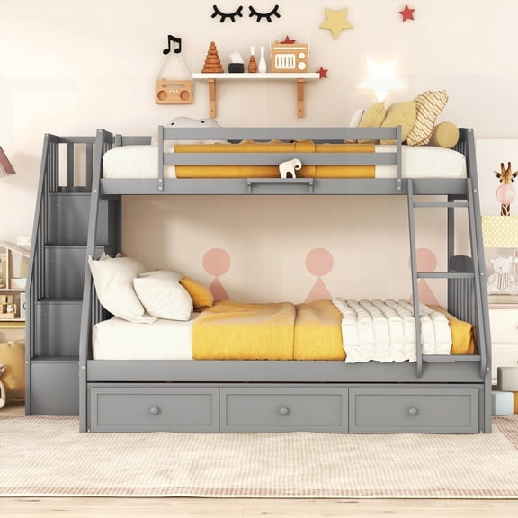 Twin-Over-Full Bunk Bed in Gray: Drawers, Staircase & Storage - Safe & Versatile