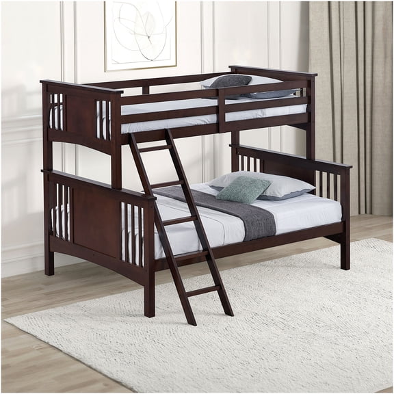 Twin Over Full Bunk Bed with Angled Ladder, Dark Walnut Wood Bunk Bed for Space Saving, Patented Lock System for Stability