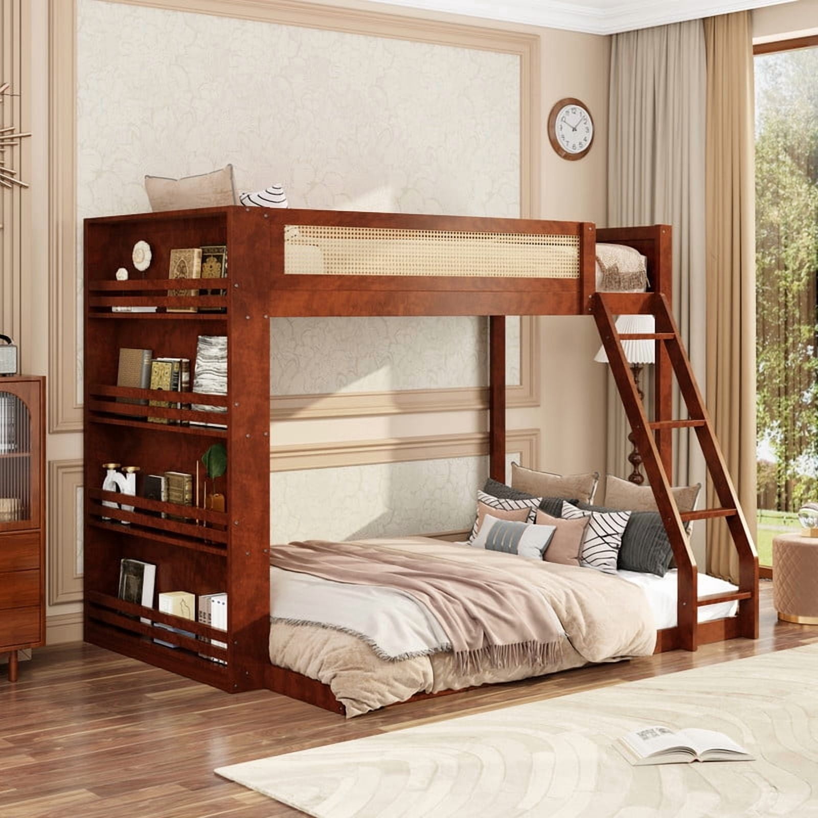 Twin-Over-Full Bunk Bed with Built-in Ladder & LED Strip, Storage Wooden Bed Frame with Bookshelf & Rattan Guardrail