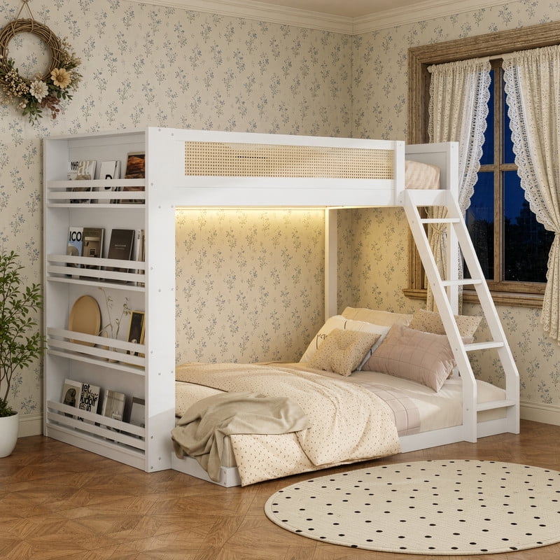 Twin-Over-Full Bunk Bed with Built-in Ladder & LED Strip, Storage Wooden Bed Frame with Bookshelf & Rattan Guardrail
