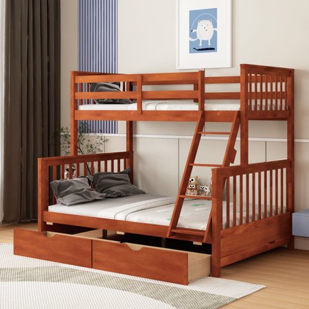 Twin-Over-Full Bunk Bed with Ladders and Two Storage Drawers (Walnut)