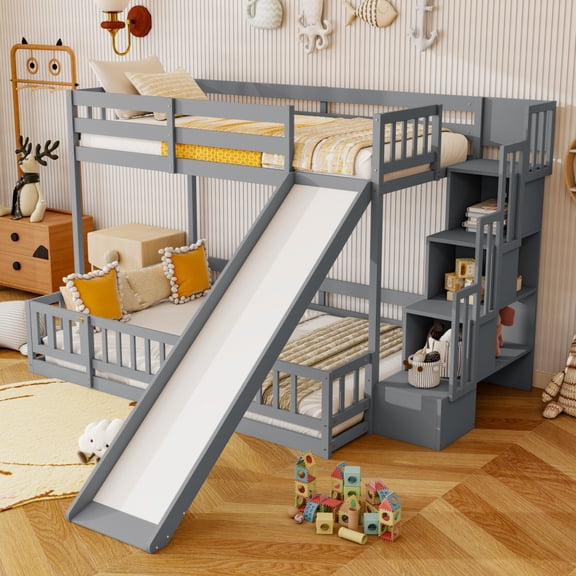 Twin Over Full Bunk Bed with Slide, Storage Staircase & Safety Guardrails, Solid Pine Wood,Grey