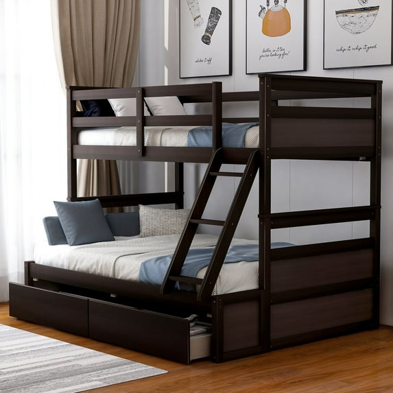 Twin Over Full Bunk Bed with Storage Drawer, Removable Ladder & Safety Guardrail for Kids, Teens, Adults, Convertible to 2 Separated beds (Espresso)