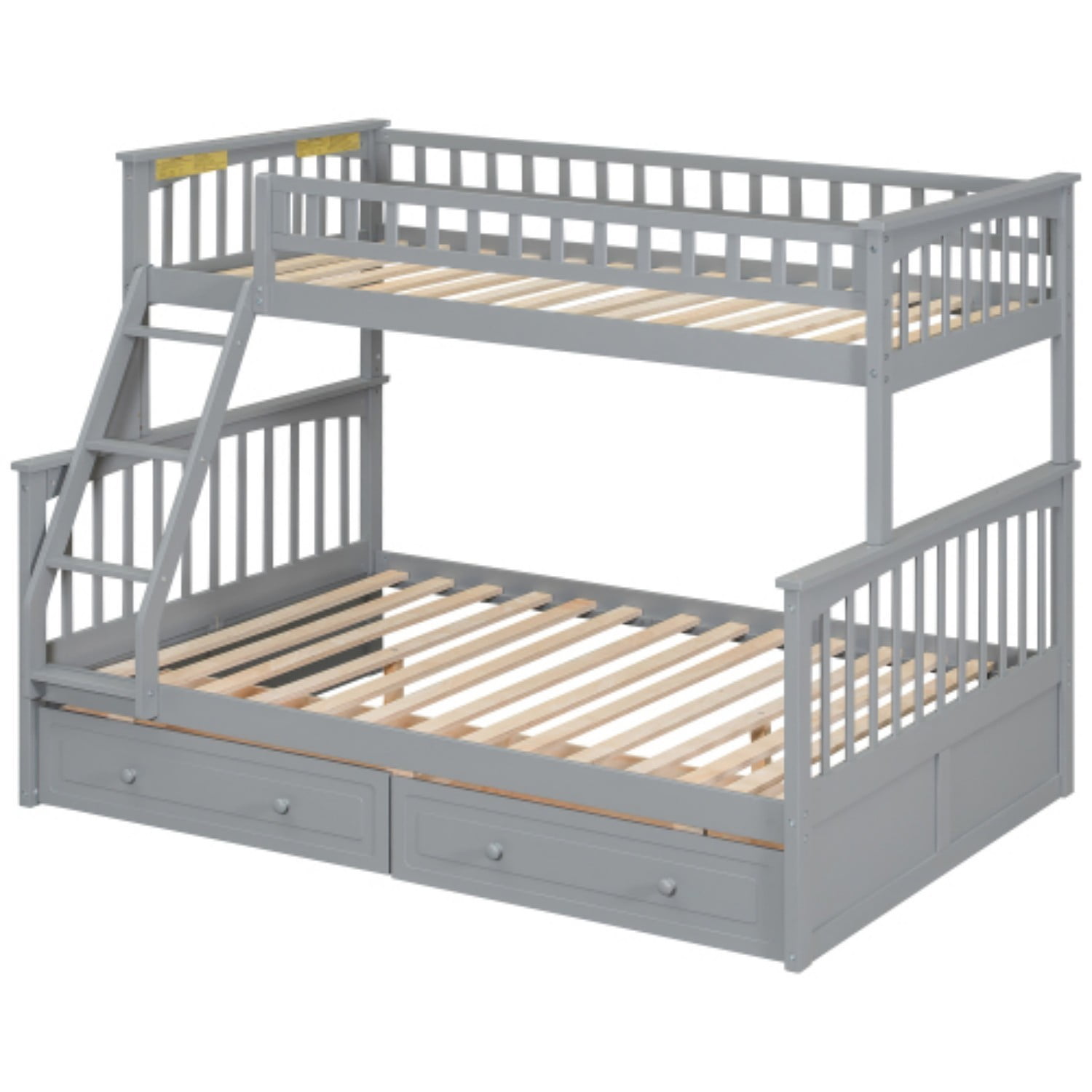 Twin Over Full Bunk Bed with Storage Drawers, Convertible Wood Bunk Bed Frame with Safety Guardrails, Solid Pine Wood Kids Bed for Bedroom, Gray