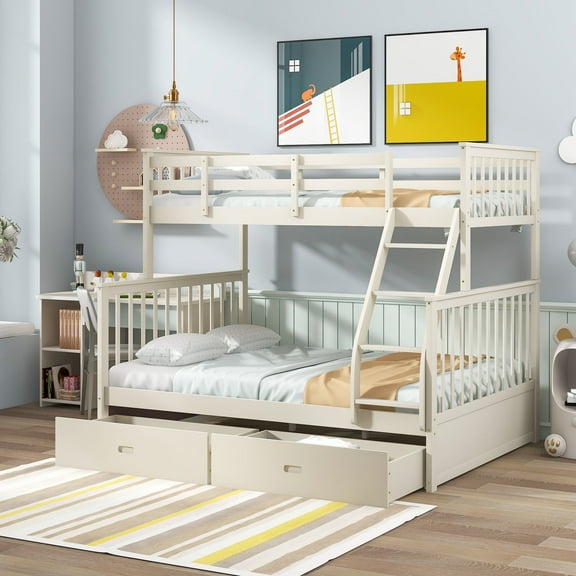 Luckynote Twin Over Full Bunk Bed, Solid Wood Frame, with Storage Drawers, Ladder, and Guard Rail, Cream