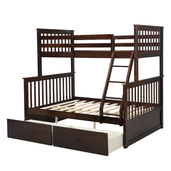 Twin Over Full Bunk Bed with Storage Drawers, Wooden Bunk Bed with Ladder and Safety Guard Rails Espresso