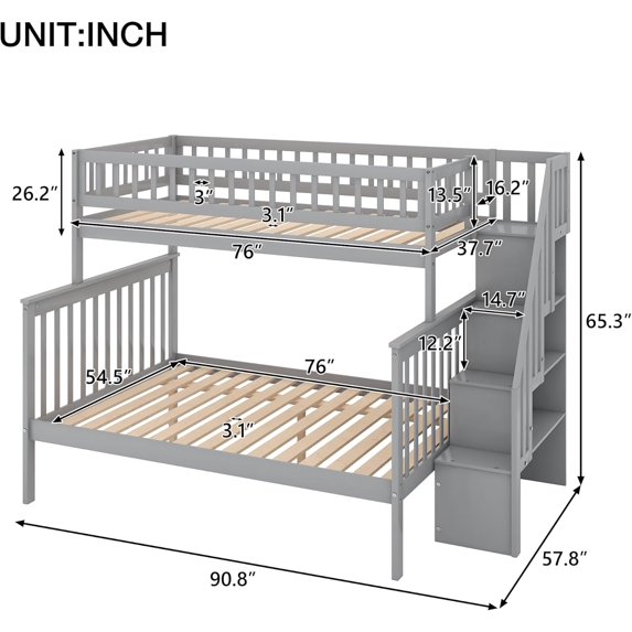 Twin Over Full Bunk Bed with Storage Stairs, Convertible Wood Frame ...
